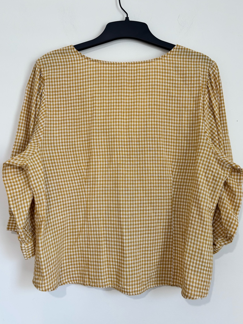 Mango lagenlook mustard gingham V-neck puff sleeve button up resort crop blouse - Picture 8 of 16